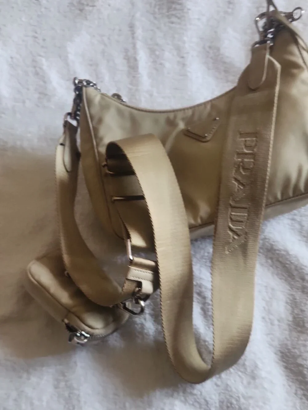 Prada Light Beige Nylon Shoulder Bag with Silver Chain